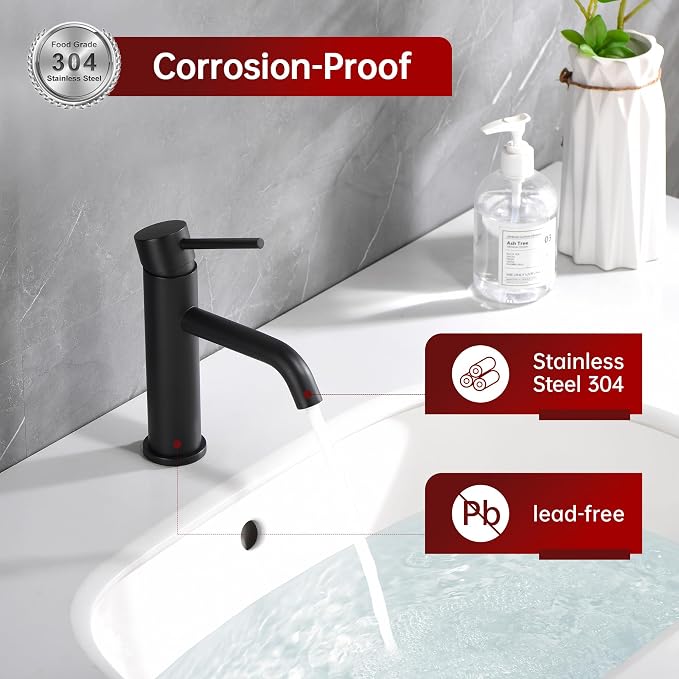 SUMERAIN Matte Black Bathroom Sink Faucet Single Handle Single Hole | Lead-Free, Stainless Steel, with Faucet Supply Lines, Easy DIY Install
