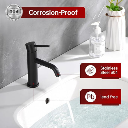 SUMERAIN Matte Black Bathroom Sink Faucet Single Handle Single Hole | Lead-Free, Stainless Steel, with Faucet Supply Lines, Easy DIY Install