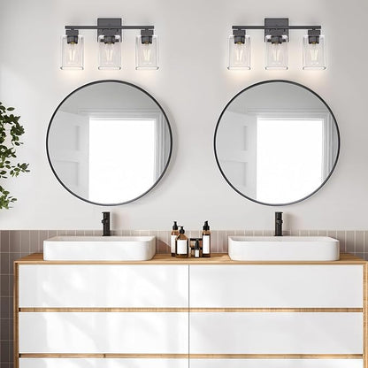 Espird Matte Black Bathroom Vanity Light, 3-Light Vanity Lighting fixtures Over Mirror, Square Design & UL Certification, Wall Sconces with Clear Glass Shades, E26 Socket (Bulbs Not Included)