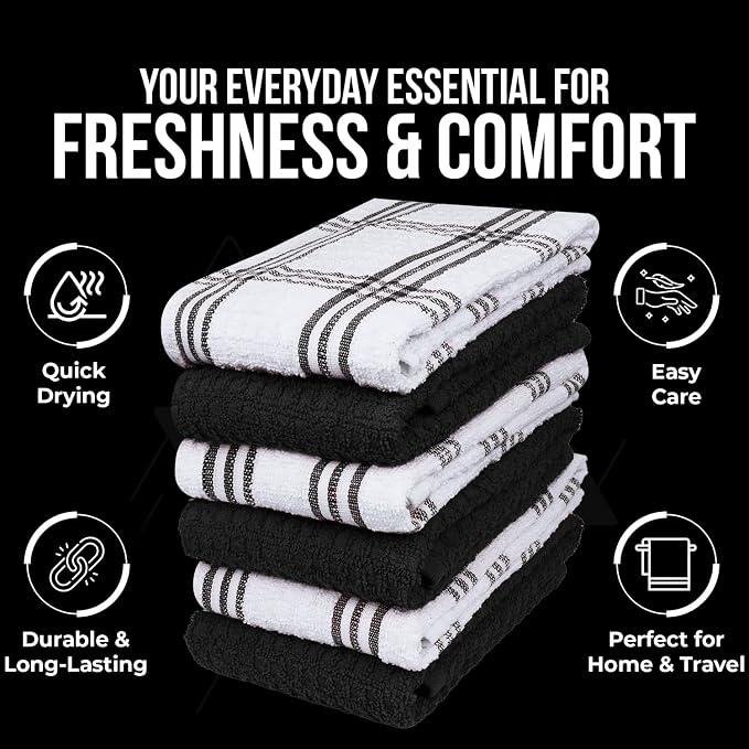 DAN RIVER Black Kitchen Towels,12 Pack,16x26 Inches Absorbent Dish Towels | 100% Cotton Absorbent Soft cotton kitchen towels for drying dishes, Quick Dry, Dish Towels for kitchen,Tea and Bar towels set