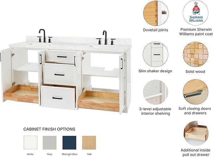 ARIEL Kelly 72-inch Bathroom Vanity with Sink,Solid Wood, 1.5-inch Carrara White Quartz Countertop & Backsplash, Double Rectangular Porcelain Sink, 4 Soft Closing Doors, 5 Dovetail Drawers, White