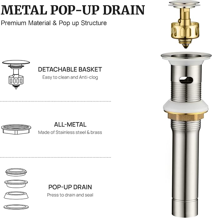 Pop up Sink Drain Stopper for Bathroom Vessel Vanity Sink Art Basin Brushed Nickel, Small Cap with Overflow, Metal Pop up Drain Strainer with Detachable Basket Stopper | Pop Up Drain, Made of Metal, Small Cap, with Detachable Basket Stopper, Drain Fast...