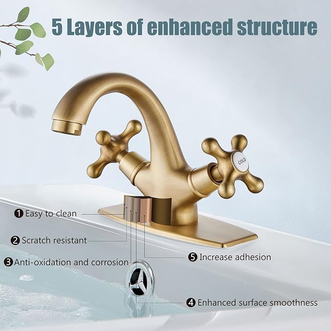 Aolemi Bathroom Sink Faucet Single Hole Cold and Hot Double Handle Cross Knobs Vanity Vessel Sink Basin Mixer Tap with Deck Cover Plate with Pop Up Drain Antique Brass