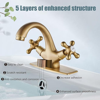 Aolemi Bathroom Sink Faucet Single Hole Cold and Hot Double Handle Cross Knobs Vanity Vessel Sink Basin Mixer Tap with Deck Cover Plate with Pop Up Drain Antique Brass