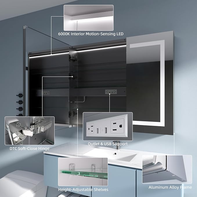 Medicine Cabinet with Lights 36x30 Anti-Fog Mirror Dimmable | 3 Color Dimmable LED. Time/Temp Display. Anti-Fog IP44. 2 Outlets+2 USB. Plug-in/Hardwired. Recessed/Surface Mount.