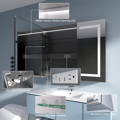 Medicine Cabinet with Lights 36x30 Anti-Fog Mirror Dimmable | 3 Color Dimmable LED. Time/Temp Display. Anti-Fog IP44. 2 Outlets+2 USB. Plug-in/Hardwired. Recessed/Surface Mount.