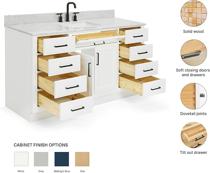 ARIEL Hepburn 60-inch Bathroom Vanity with Sink,Solid Wood, 0.75-inch Italian Carrara Marble Countertop, Single Rectangular Porcelain Sink, 2 Soft Closing Doors, 9 Dovetail Drawers, White