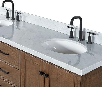 ARIEL Cambridge 66-inch Bathroom Vanity with Sink,Solid Wood, 1.5-inch Italian Carrara Marble Countertop, Double Oval Porcelain Sink, 4 Soft Closing Doors, 6 Dovetail Drawers, Brown Oak