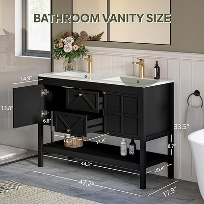 48" Bathroom Vanity with Double Sink Combo, Undermount Sink Bathroom Storage Cabinet with 2 Drawers & 2 Soft-Close Doors, Freestanding Farmhouse Cabinet with Open Storage Shelf, Black