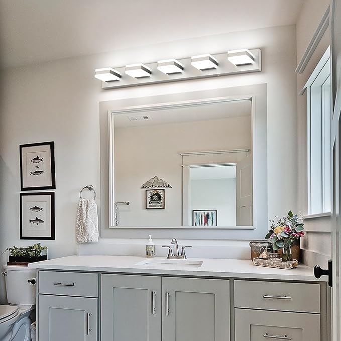 PRESDE 5-Light LED Bathroom Vanity Light Fixtures Brushed Nickel Modern Wall Lighting Over Mirror for Bathroom