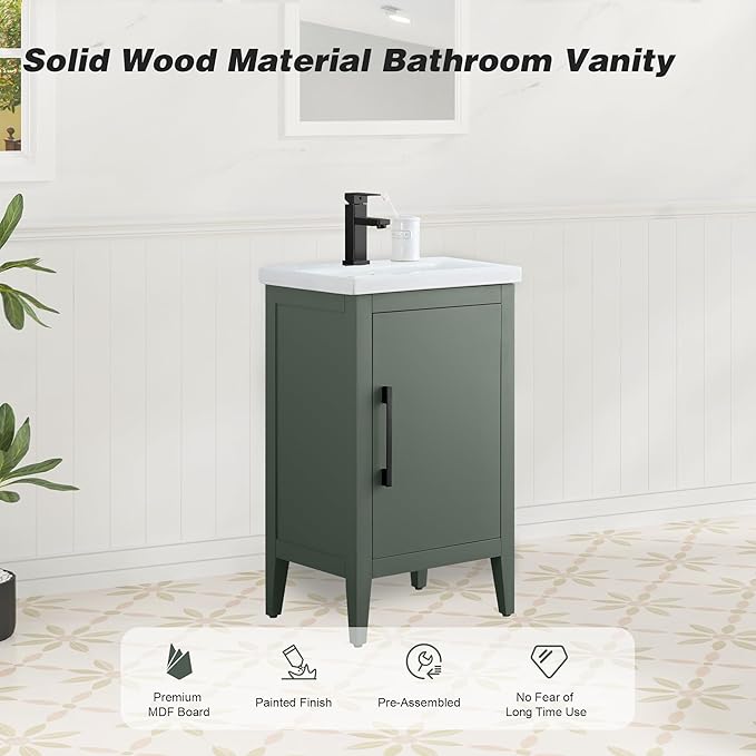 HomeBeyond 20 Inch Bathroom Vanity with Sink & Ceramic Top, Single Vanity Cabinet with Basin, Soft-Closing Doors & Matte Black Hardware, Vintage Green