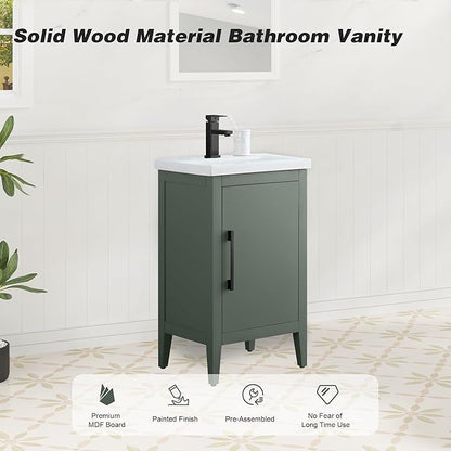 HomeBeyond 20 Inch Bathroom Vanity with Sink & Ceramic Top, Single Vanity Cabinet with Basin, Soft-Closing Doors & Matte Black Hardware, Vintage Green