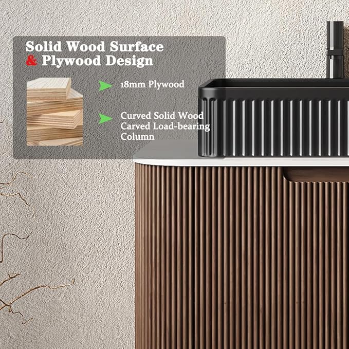 60'' Bathroom Vanities Cabinet with Sink, Wall Mounted Floating Cabinet W/Curved Edges Stripes, Oak Plywood, Soft-Close System with 2 Drawer & 2 Black Rectangular Ceramic Basin - Kiel, Dark Walnut/B