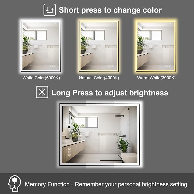 20x28 inches Rectangular Aluminum Black Framed LED Mirror, Smart Bathroom Mirror with Lights, Anti-Fog, Tempered Glass, 3 Colors Dimmable, Front and Backlit, Wall Mounted, Memory