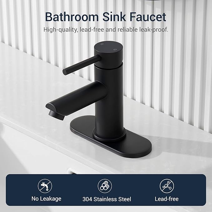 KPW Bathroom Sink Faucet Matte Black, Single Handle Stainless Steel Deck Mount, 1 or 3 Hole, with Pop-Up Drain with Overflow