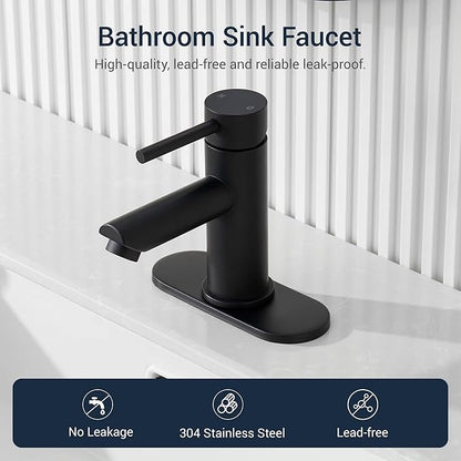 KPW Bathroom Sink Faucet Matte Black, Single Handle Stainless Steel Deck Mount, 1 or 3 Hole, with Pop-Up Drain with Overflow