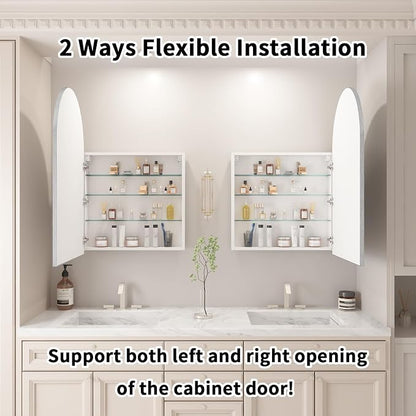 24x36 Inch Arch Bathroom Mirror Medicine,Cabinet,Brushed Silver Wall Mounted Bathroom Mirror with Storage,Adjustable Glass Shelves,Surface Mount Only,Mirrored Medicine Cabinets for Bathroom