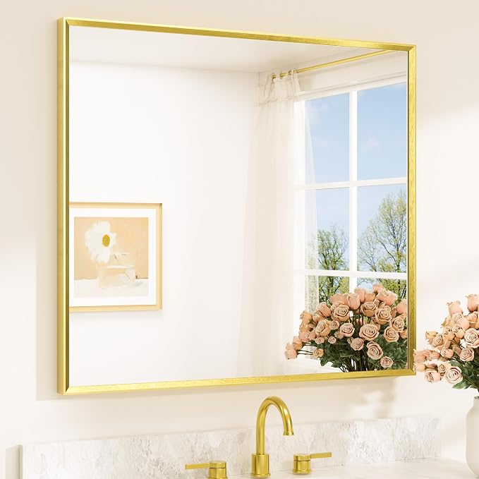 Brushed Gold Vanity Mirror for Bathroom 40" x 36" Brushed Brass Rectangle Beveled Framed Bathroom Wall Mirror for Over Sink, Tempered Glass, Modern Farmhouse Bedroom, Entryway, Living Room