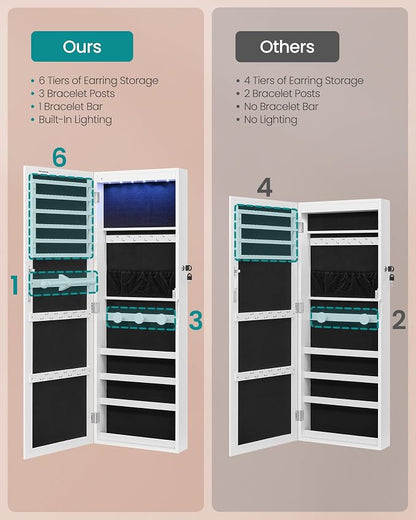 SONGMICS Jewelry Cabinet, Wall or Door Mounted Armoire with Full Length Mirror, Large Capacity Organizer, 6 LED Lights, 42.5 x 3.9 x 14.6 inch, White, BERIT Collection UJJC092W101