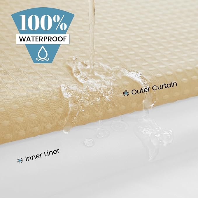 SORTTO No Hook Shower Curtain with Snap in Liner Set Waffle Shower Curtain for Bathroom Hotel Style Fabric Waterproof Inner Liner，71" W x 74" H, Cream