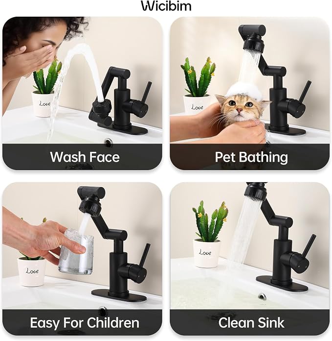 Wicibim Matte Black Bathroom Sink Faucet, Stainless Steel 1080° Rotatable Bathroom Faucet, Single Handle, 1 or 3 Hole, 2 Water Outlet Modes with Hot and Cold Hoses,Swivel Faucet