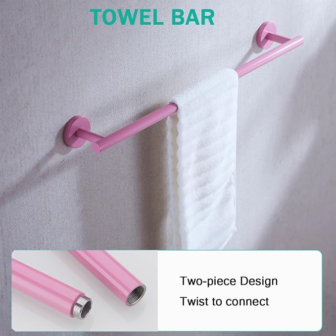 Pink Bathroom Hardware Set,5 Pieces Bathroom Towel Bar Set,24 inch Towel Bar,Towel Ring for Bathroom,Robe Towel Hooks,Toilet Paper Holder Wall Mounted(Drilling),SE96006S-5PK