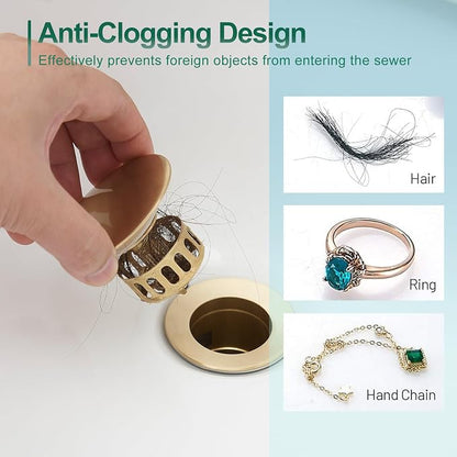 VOTON Bathroom Vessel Sink Pop Up Drain Without Overflow Assembly, Lavatory Vanity Sink Drain Stopper, Anti-Clogging Drain Strainer, Brushed Gold