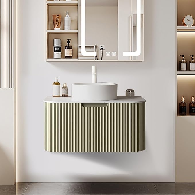 LKTART 30 Inch Green Floating Bathroom Vanity with Sink, Modern Wall Mounted Bathroom Storage Cabinet with Drawer, Round White Ceramic Sink Top and Marble Texture Top