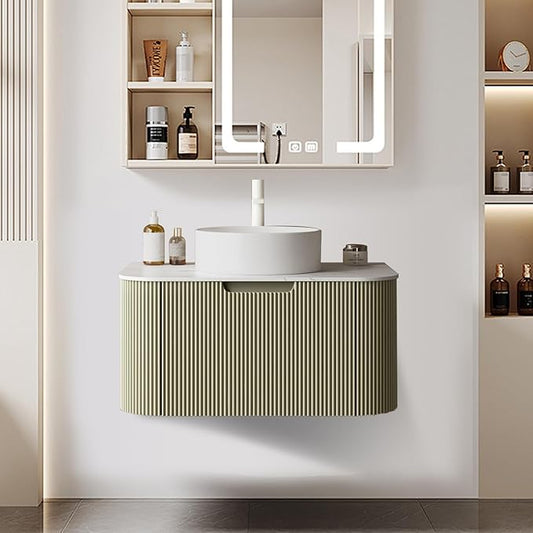 LKTART 30 Inch Green Floating Bathroom Vanity with Sink, Modern Wall Mounted Bathroom Storage Cabinet with Drawer, Round White Ceramic Sink Top and Marble Texture Top