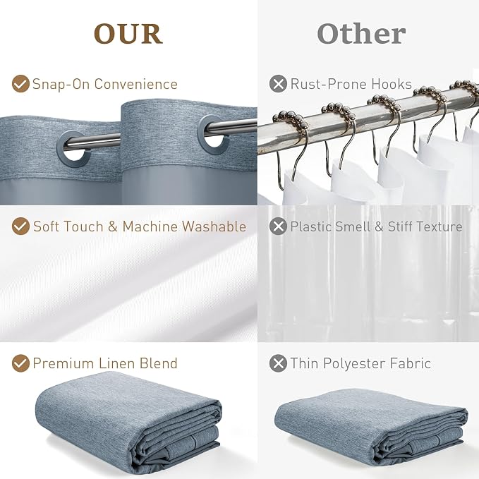 72x81 Ringless Linen Textured Shower Curtain with Snap in Liner, Blue | Tall Size, 3 in 1 Shower Curtain Set, Removable Liner, Waterproof & Washable, Mesh Top Window, Durable Fabric, Easy Setup