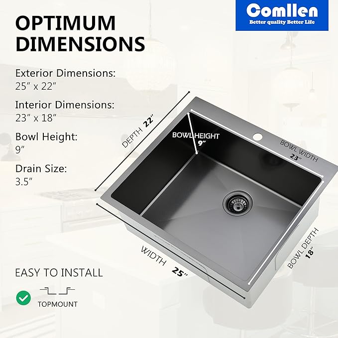 Comllen 25 x 22 Inch Drop In Black Kitchen Sink,Topmount 16 Gauge Stainless Steel Black Kitchen Sinks, 9 Inch Deep Utility RV Sink with Basket Strainer