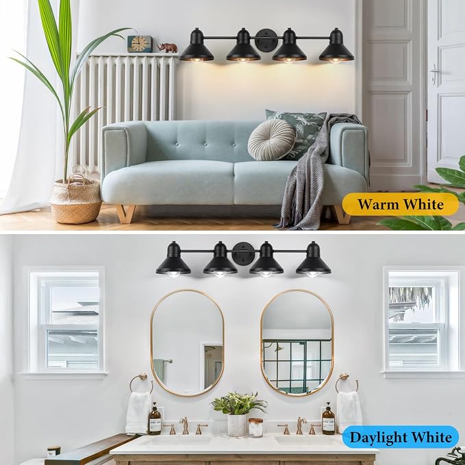 Bairth Bathroom Light Fixtures,4-Light Black Metal Vanity Light Over Mirror | Farmhouse Rustic Industrial Bathroom Vanity Light, Modern Bathroom Lights with Metal Shade for Living Room Cabinet Hallway