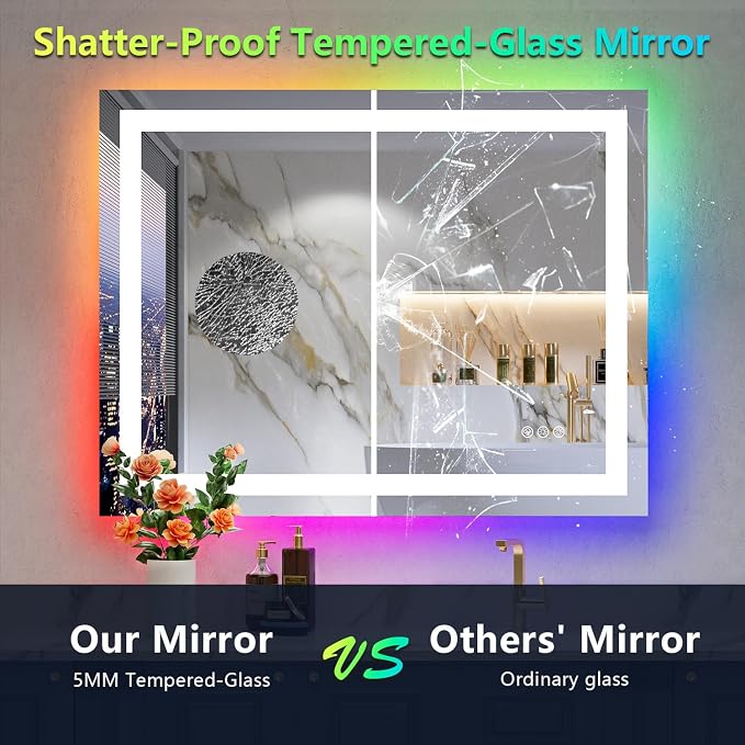 28x36 LED Bathroom Mirror with Lights, RGB Backlit Lighted Mirror | Backlit and Front Light, Anti-Fog, 3 Color Dimmable, Memory, Tempered Glass, IP54 Waterproof, UL Listed