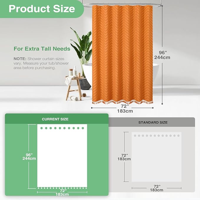 Dynamene Extra Long Shower Curtains, 96 Inches Long Boho Tufted Chevron Striped Fabric Shower Curtains for Bathroom, Tall Minimalist Waterproof Cloth Shower Curtain Set with 12 Hook, Orange, 72x96