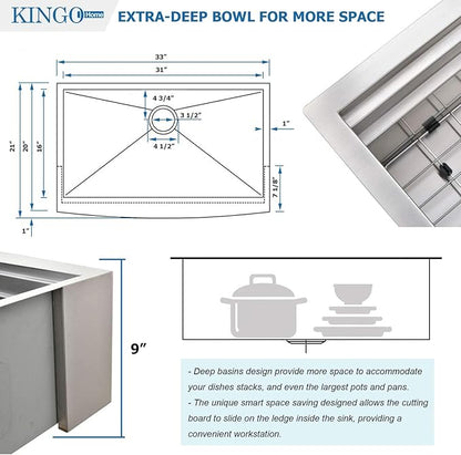 KINGO HOME 33 Inch 18 Gauge Handmade Stainless Steel Single Bowl Farmhouse Sink, Modern Farm Sink 33 Inch Apron Farmer Sinks for Kitchen Rustic With Accessories