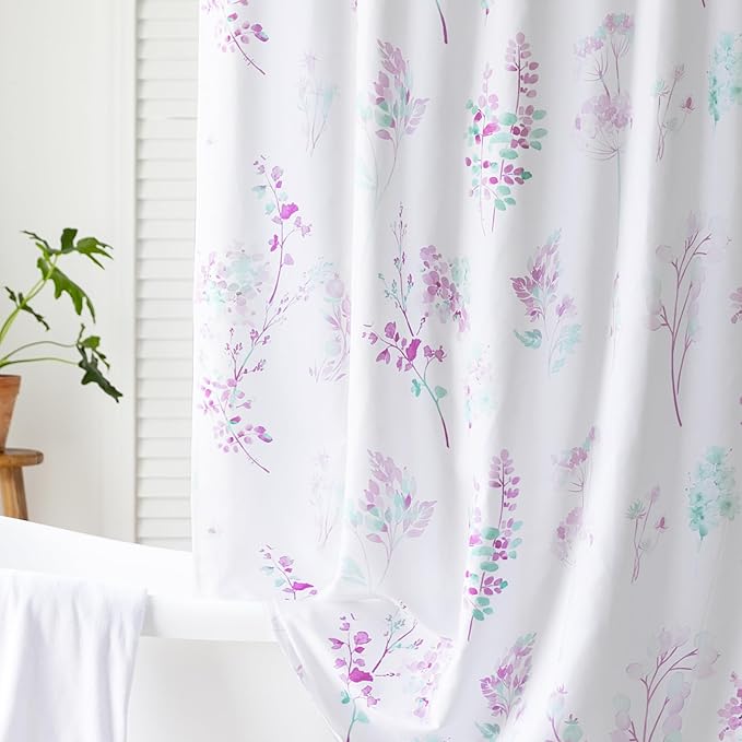 Lavender Purple and White Small Stall Shower Curtain,Waterproof Fabric Lilac and Sage Green Cottagecore Girls Shower Curtains for Bathroom Set with Hooks 36x72