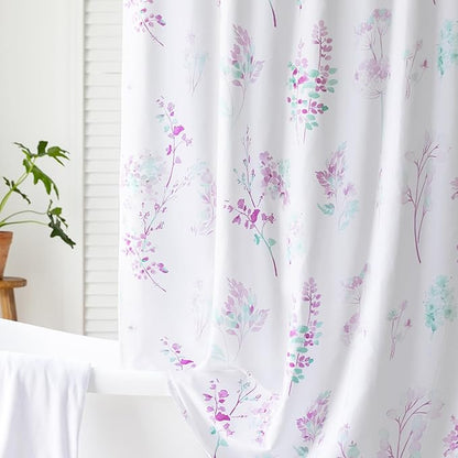 Lavender Purple and White Small Stall Shower Curtain,Waterproof Fabric Lilac and Sage Green Cottagecore Girls Shower Curtains for Bathroom Set with Hooks 36x72