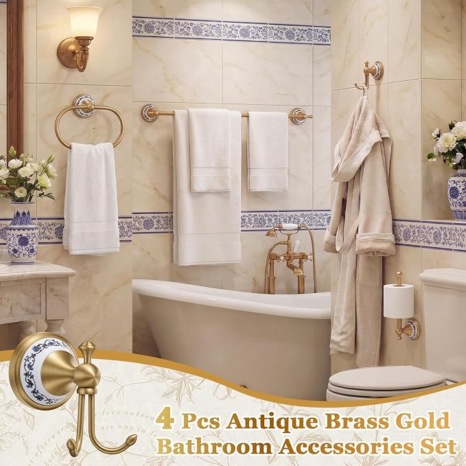 4 Pcs Antique Brass Gold & Porcelain Bathroom Accessories Set, Wall-Mounted Towel Rack & Towel Ring & Toilet Paper Holder & Robe Hook, Vintage Chinese Style Brass Bath Hardware Fixture Set