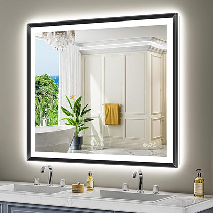 48x40 Black Framed LED Bathroom Mirror with Lights, Backlit and Front Light, Lighted Bathroom Vanity Mirror for Wall Dimmable Anti-Fog Memory Tempered Glass Horizontal/Vertical
