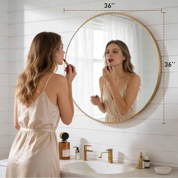DUMOS 36 Inch Round Wall Mirror, Bathroom Mirror, Gold | Metal Frame, Tempered Glass & Anti Rust Metal Frame, Decor for Bathroom Vanity Bedroom Entryway