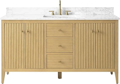 HOMEBEYOND 60" Bathroom Vanity with Single Sink, Solid Wood Bathroom Vanity Free-Standing Cabinet, Ceramic Top & Soft Closing Door, Golden Brushed Handware, Natural Oak