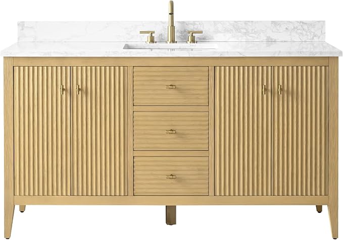 60" Bathroom Vanity with Single Sink, Solid Wood Bathroom Vanity Free-Standing Cabinet, Ceramic Top & Soft Closing Door, Golden Brushed Handware, Natural Oak