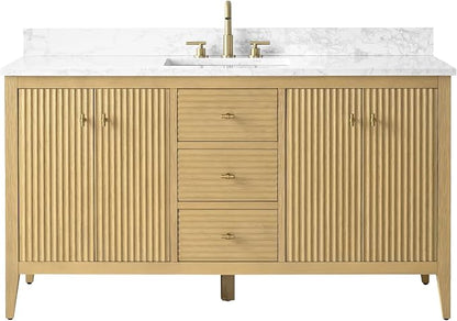 60" Bathroom Vanity with Single Sink, Solid Wood Bathroom Vanity Free-Standing Cabinet, Ceramic Top & Soft Closing Door, Golden Brushed Handware, Natural Oak