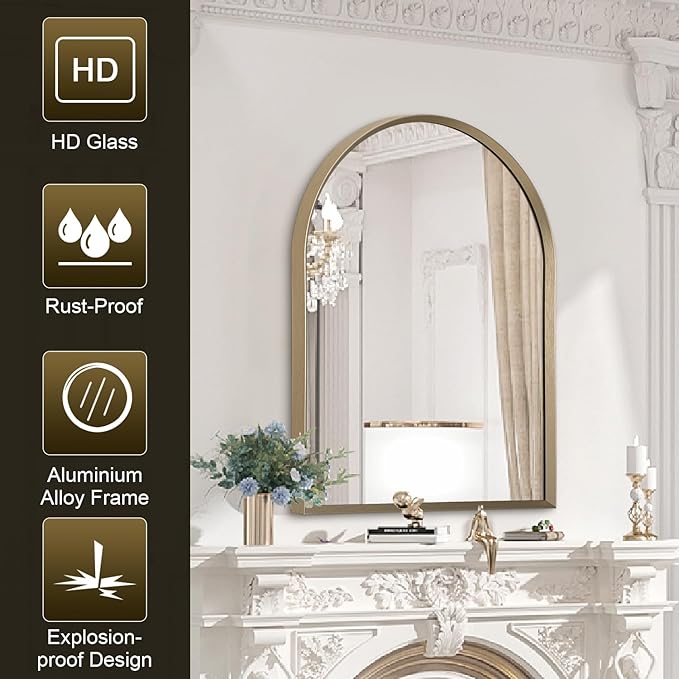 Bathroom Arched Wall Mirror Brushed Metal Vanity Wall Mounted Mirror for LivingRoom Bedroom Entryway Room Vanity Home Decor 26"x18"