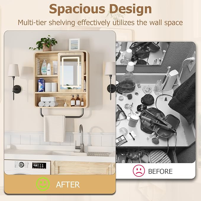 Modern Bathroom Wall Cabinet, Medicine Cabinets with Mirror, Over The Toilet Storage Cabinet for Bathroom, Towel Bar, Sliding Door, 3 Lighting Modes, Adjustable Brightness, Natural Oak