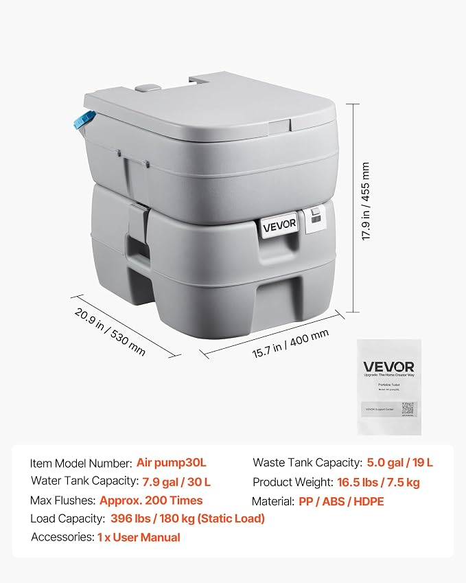 VEVOR Portable Toilet, 7.9 Gal Detachable Waste Tank & 5 Gal Flush Tank, 200 Flushes, Camping Toilet for Adults, Outdoor Porta Potty with Level Indicator, Suitable for RV Travel, Camping, Hiking