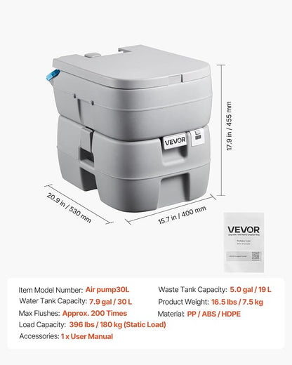 VEVOR Portable Toilet, 7.9 Gal Detachable Waste Tank & 5 Gal Flush Tank, 200 Flushes, Camping Toilet for Adults, Outdoor Porta Potty with Level Indicator, Suitable for RV Travel, Camping, Hiking