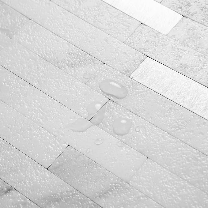 AULIGET Faux White Stone Peel and Stick Backsplash, 2 PVC Mixed Metal Wall Tiles Stick on Backsplash