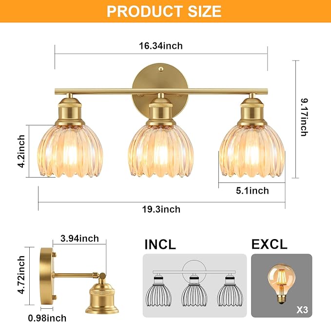 Bathroom Light Fixtures, 3-Light Brushed Gold Vanity Lights for Bathroom with Amber Tulip Glass Shade, 20" Vintage Bathroom Vanity Lighting Fixtures Over Mirror for Bedroom Living Room Hallway