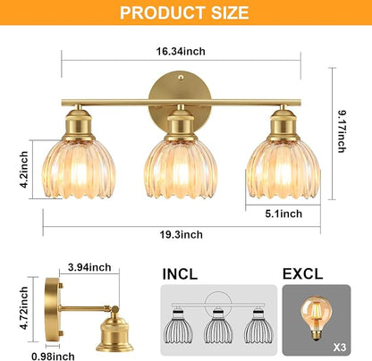 Bathroom Light Fixtures, 3-Light Brushed Gold Vanity Lights for Bathroom with Amber Tulip Glass Shade, 20" Vintage Bathroom Vanity Lighting Fixtures Over Mirror for Bedroom Living Room Hallway